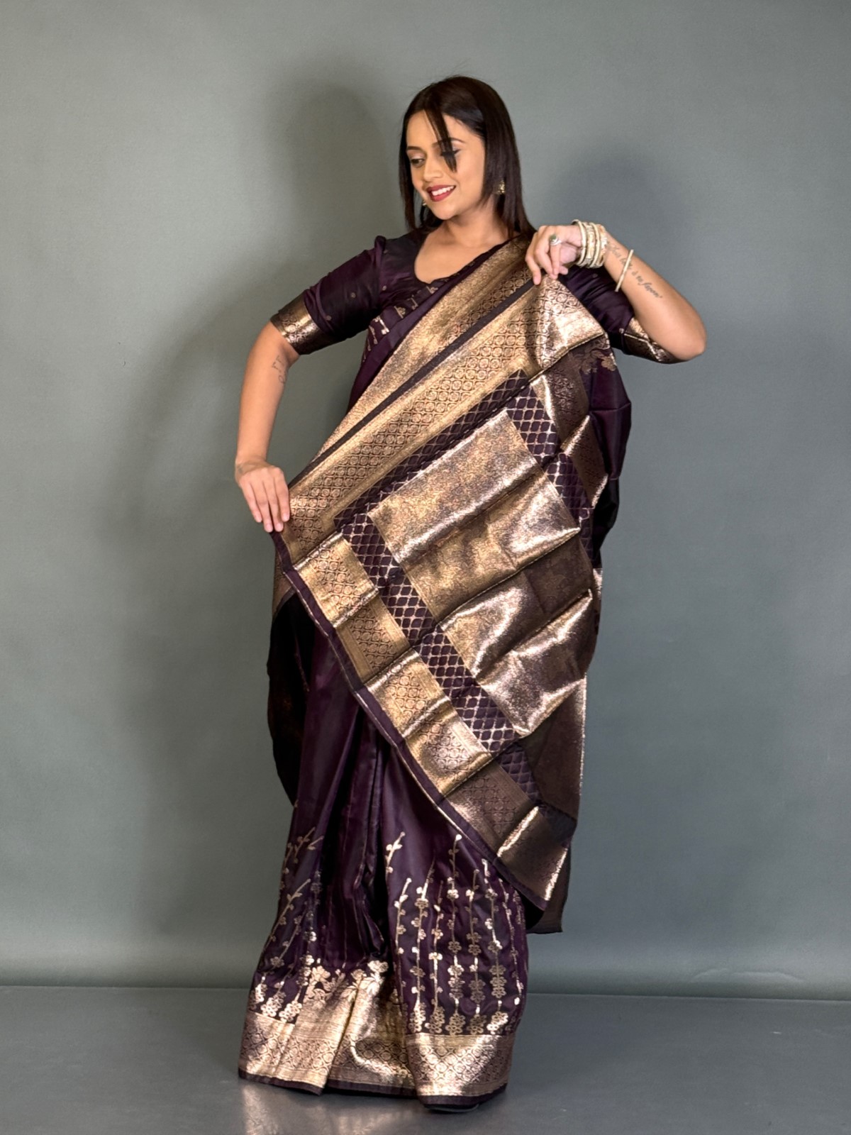 Royal Wine Zari-Weave Semi Katan Benarasi Ready to wear Saree Set - Image 3