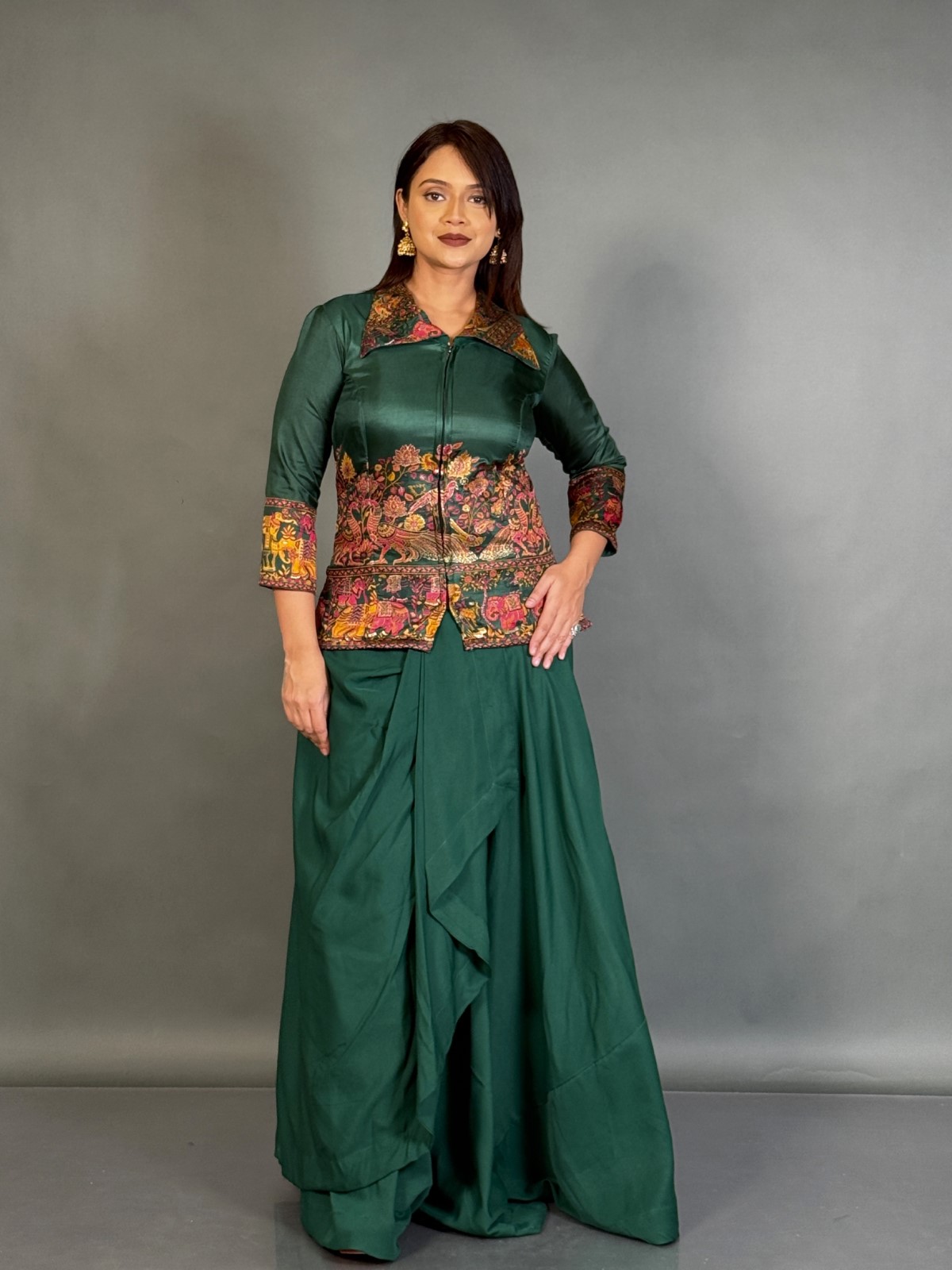 Regal Bottle Green Baluchori Silk Fusion Set