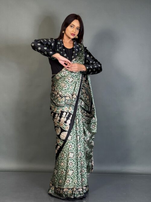 Royal Green Ajrak Crepe Plus Size Ready-to-Wear Saree
