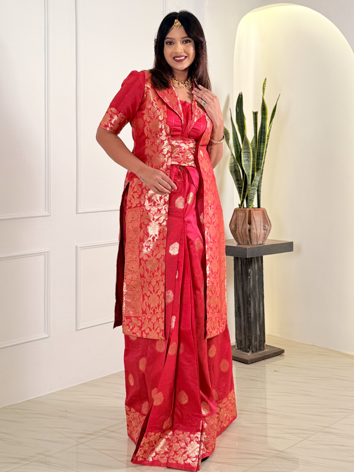 Red Reverie Semi Katan Banarasi Fusion Saree Set - Image 8