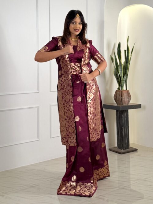 Elegant Semi Katan Banarasi Wine Fusion Set