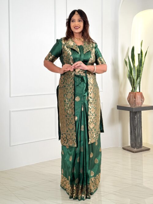 Forest Green Semi Katan Banarasi Fusion Set
