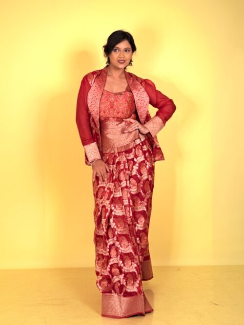 Royal Red Semi Tussar Banarasi Fusion Set