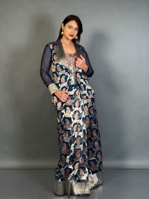 Peacock Charm Semi Tussar Plus-Size Fusion Saree Set