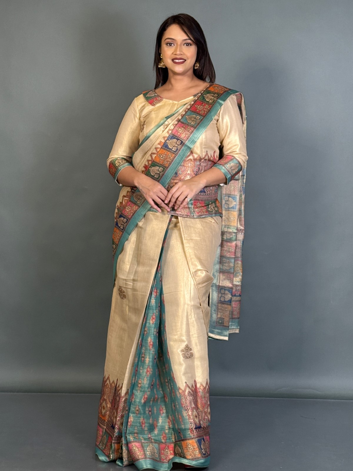 Ethereal Gold Tussar Tissue Ready-to-Wear Saree Set