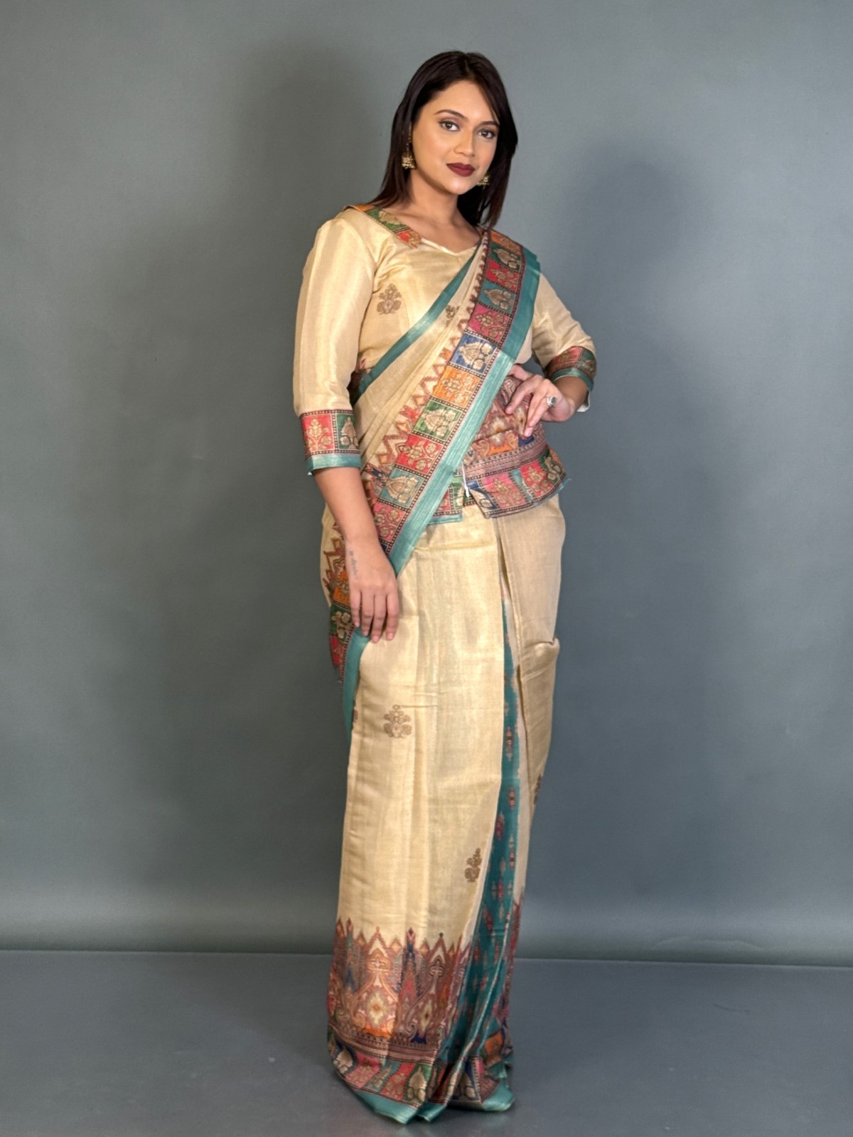 Ethereal Gold Tussar Tissue Ready-to-Wear Saree Set - Image 4