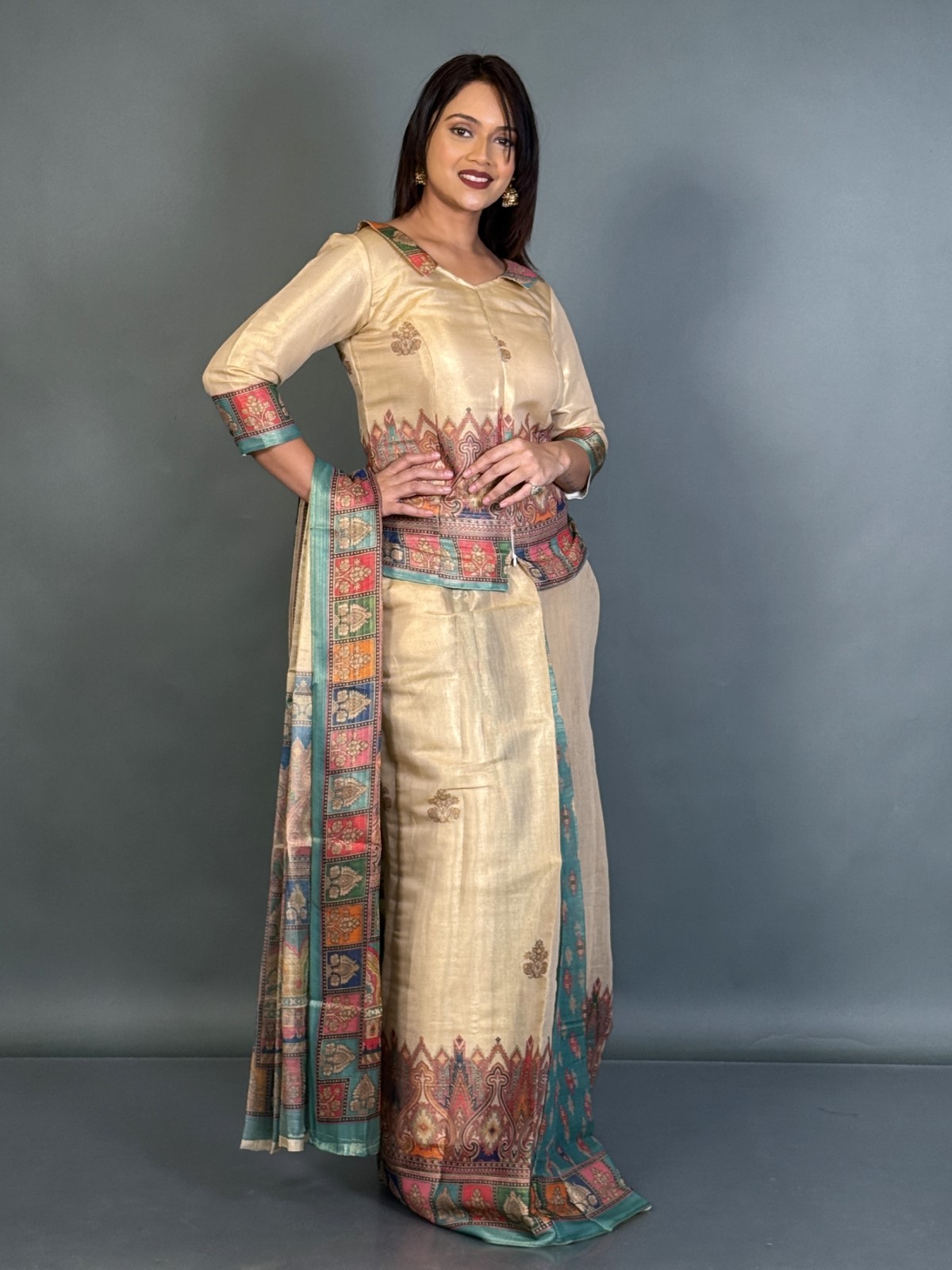 Ethereal Gold Tussar Tissue Ready-to-Wear Saree Set - Image 3