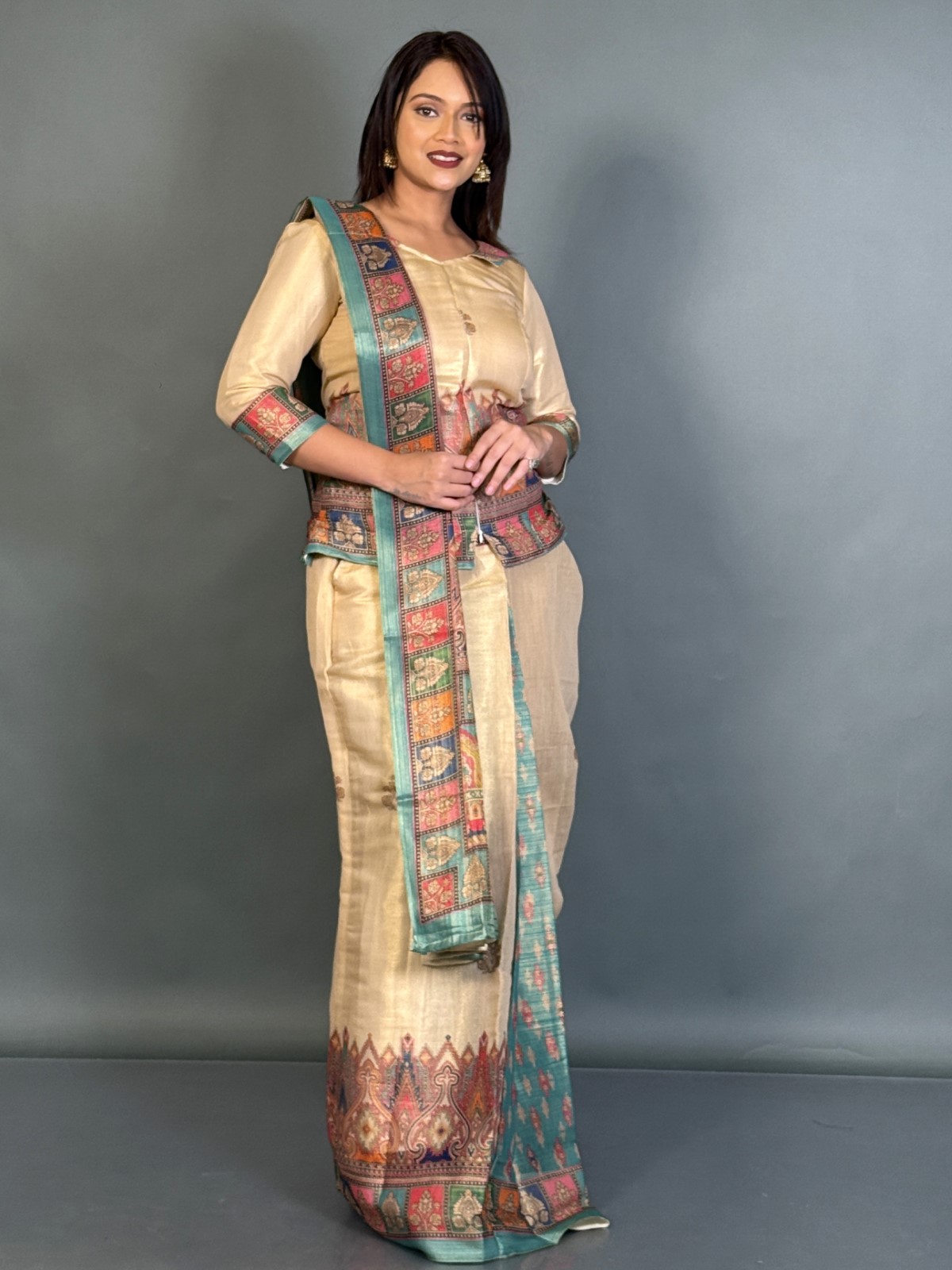 Ethereal Gold Tussar Tissue Ready-to-Wear Saree Set - Image 2