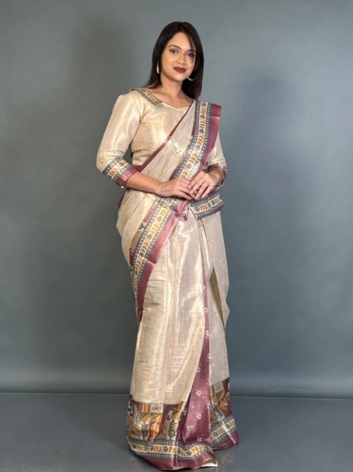 Luminous Gold Wine Tussar Ready-to-Wear Saree