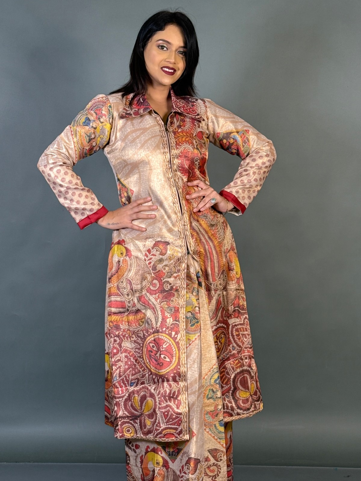 Virya Kalamkari Tussar Achkan Jacket Saree Set - Image 3