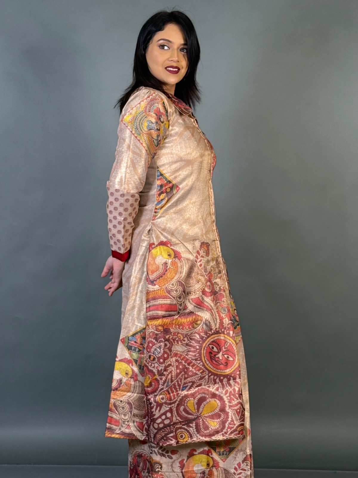 Virya Kalamkari Tussar Achkan Jacket Saree Set - Image 4