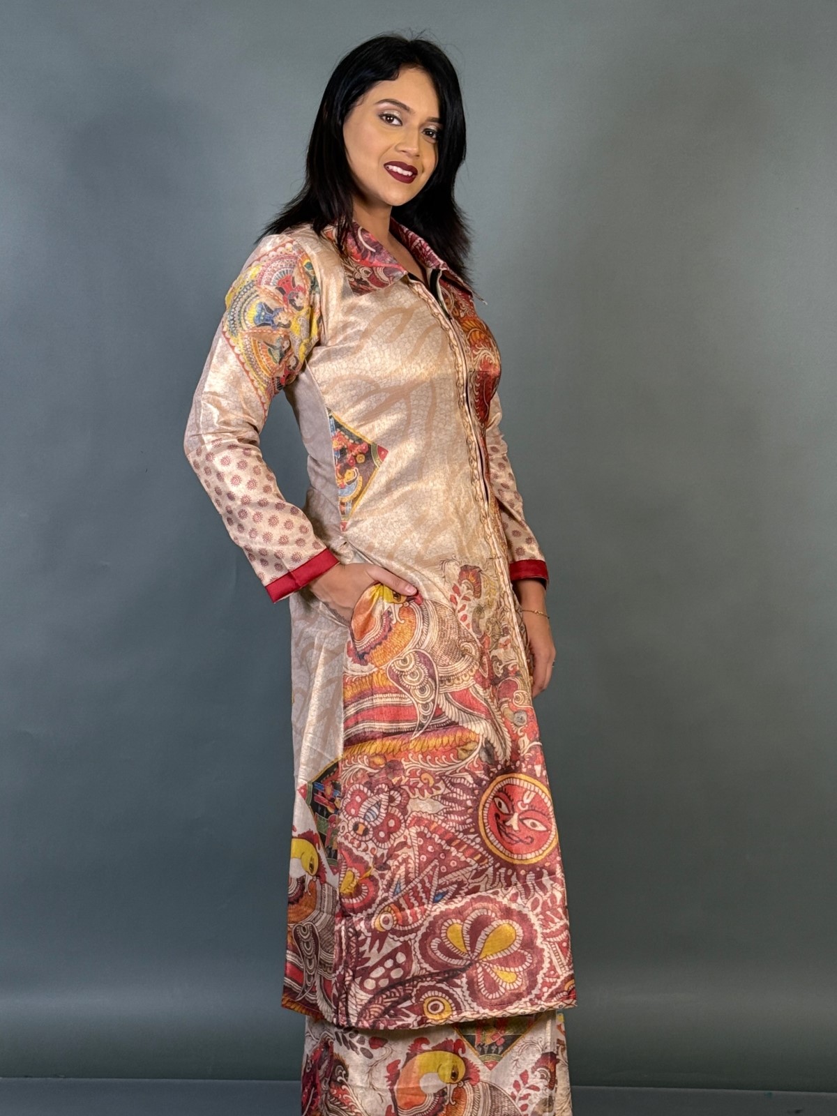 Virya Kalamkari Tussar Achkan Jacket Saree Set - Image 5