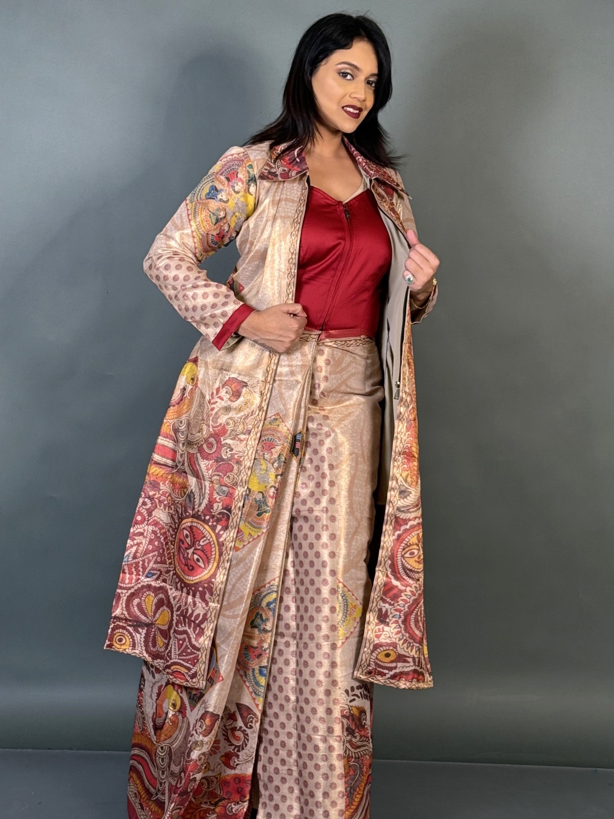 Virya Kalamkari Tussar Achkan Jacket Saree Set