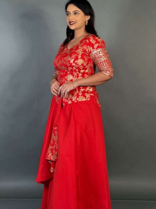 Royal Red Plus-Size Benarasi Blouse and Skirt Fusion Set
