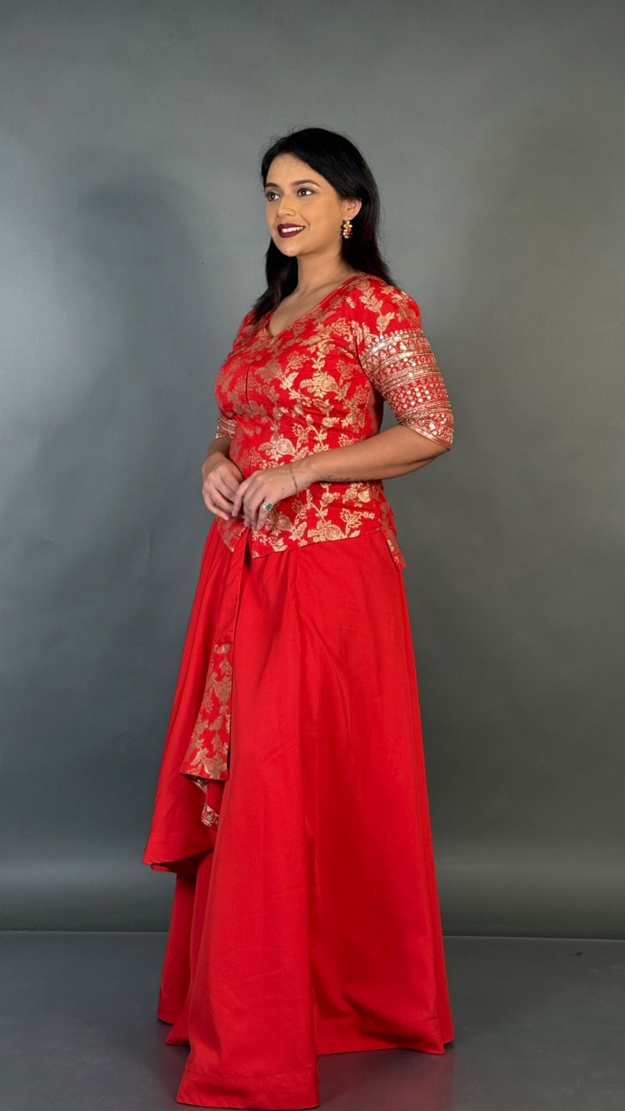 Royal Red Plus-Size Benarasi Blouse and Skirt Fusion Set