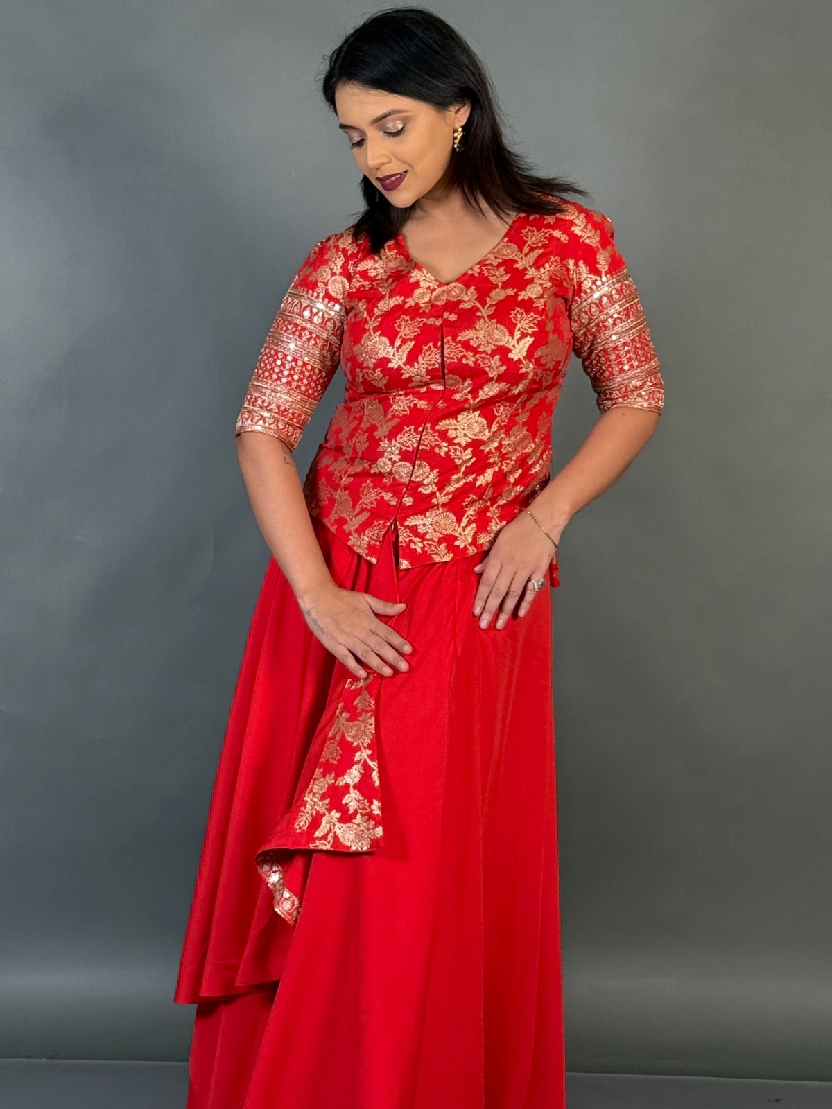 Royal Red Plus-Size Benarasi Blouse and Skirt Fusion Set - Image 4