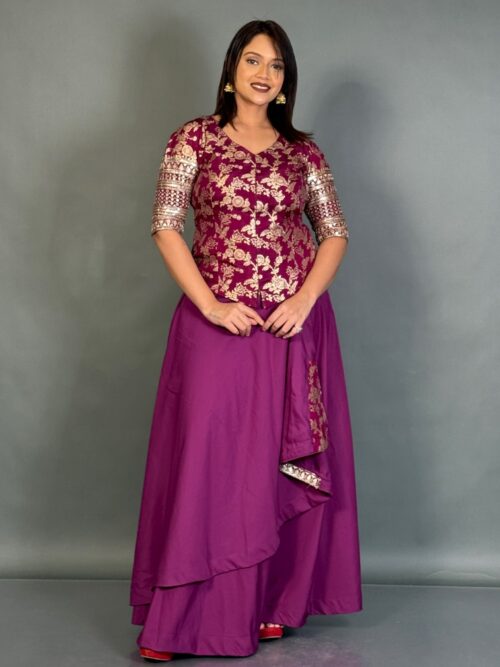 Rich Wine Embroidered Blouse and Skirt Fusion Set