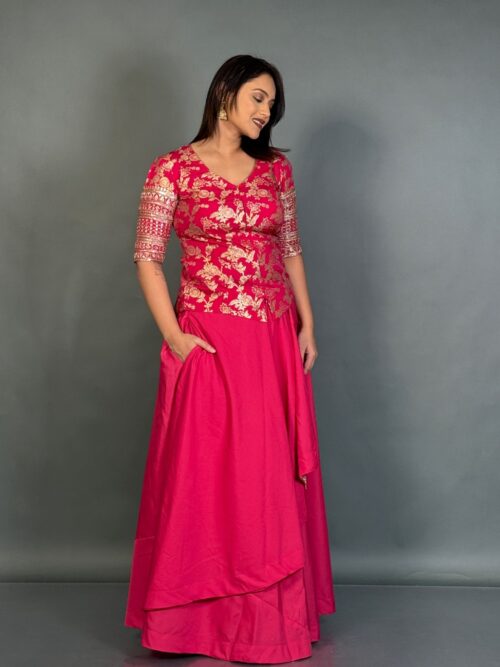 Elegant Hot Pink Plus Size Benarasi Blouse and Skirt Fusion Set