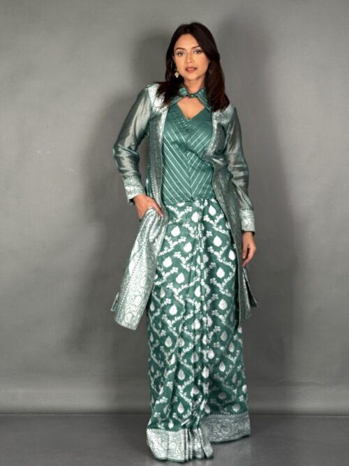 Curvy Friendly Rama Green Jamdani Jacket Saree
