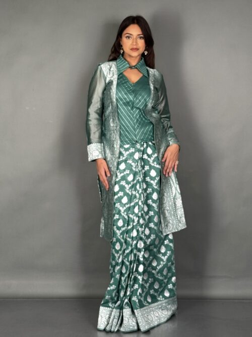 Elegant Jamdani Jacket Saree in Rama Green