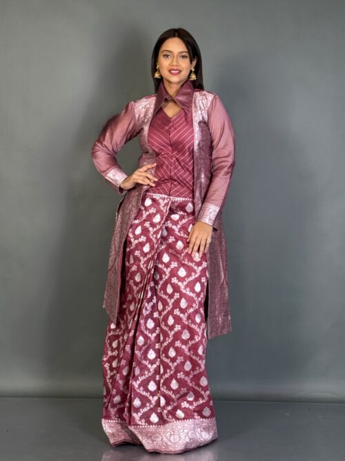 Onion Hued Jamdani Fusion Jacket Saree Set