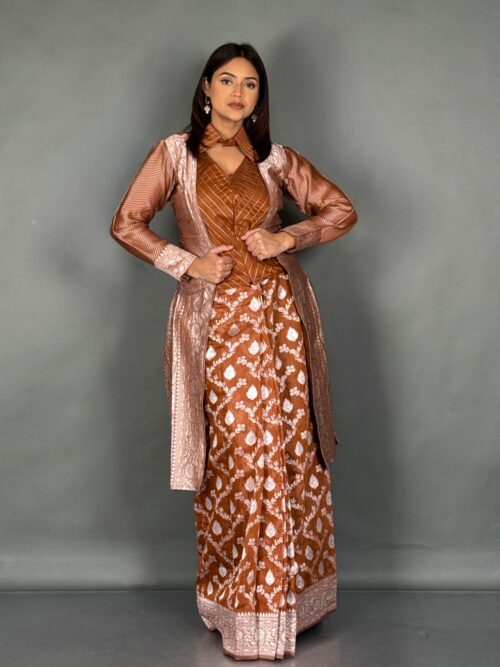 Rust Jamdani Fusion Jacket Saree Set for Elegant Occasions
