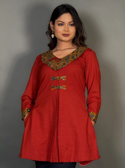 Elegant Maroon Designer Neck Cotton Kurti